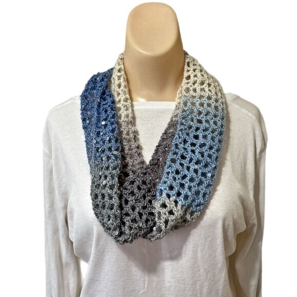Handmade Knit Infinity Cowl Scarf Fishnet Sequins Winter Neck Warmer NEW - Picture 1 of 3